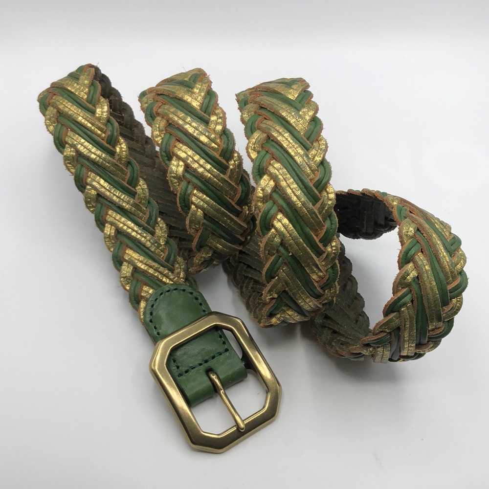 Linea Pelle Fashionable Green Metallic Gold Braided Leather Belt